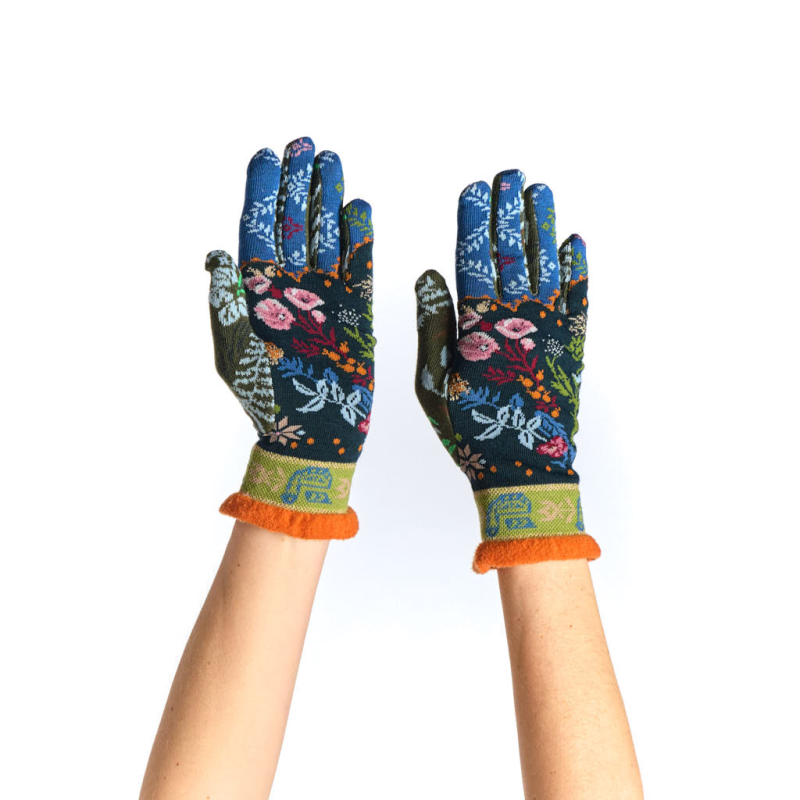 gants femme Dandelion Dub & Drino jacquard floral bleu nuit orange