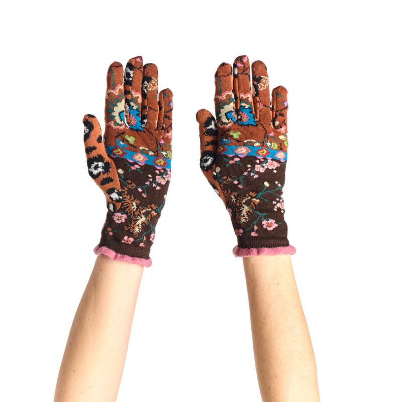 gants femme Peluche Dub & Drino jacquard floral léopard brun rose