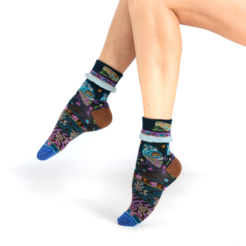chaussettes revers Evantails Dub & Drino fantaisie oriental bleu nuit