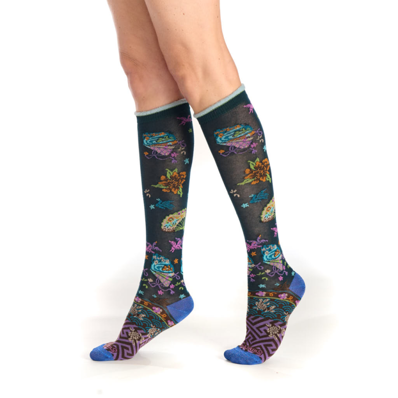 mi-bas femme Evantails Dub & Drino fantaisie oriental bleu nuit mauve