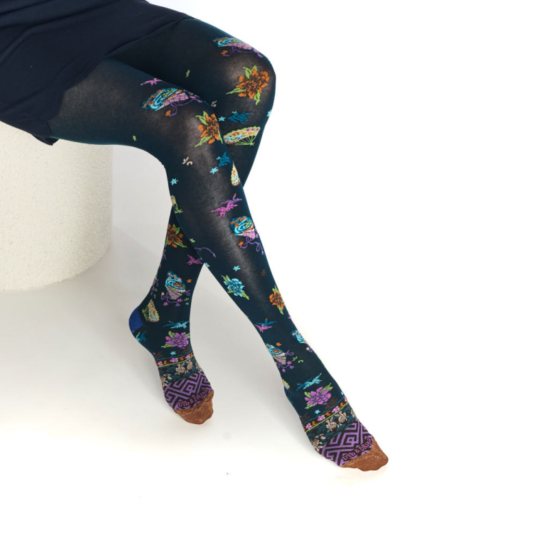 collants femme Evantails Dub & Drino fantaisie oriental bleu nuit