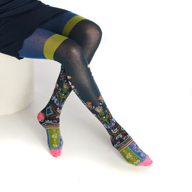 collants femme Dandelion Dub & Drino fantaisie floral bleu nuit rose