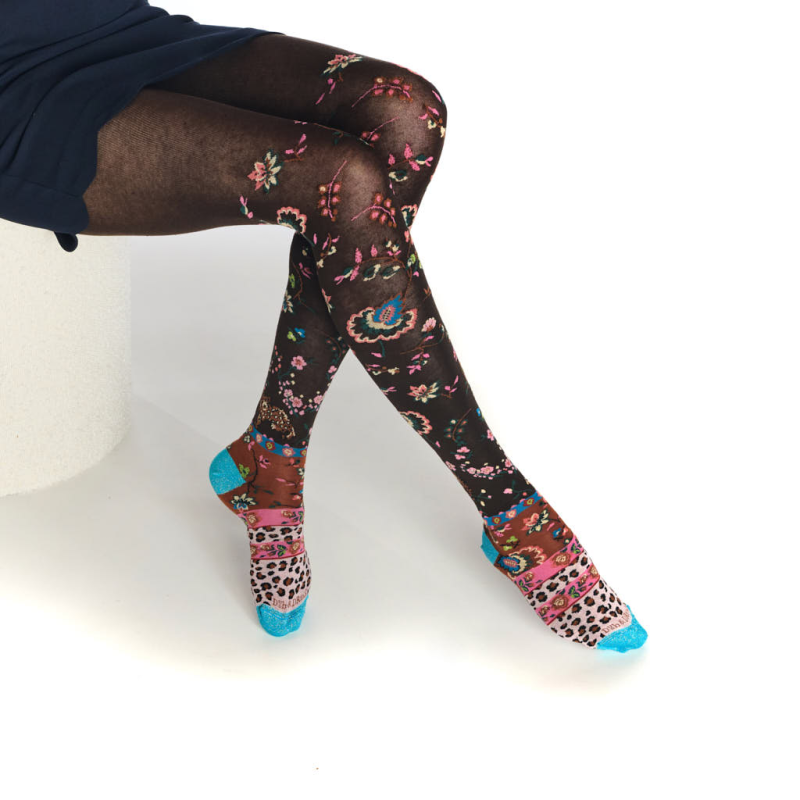 collants femme Peluche Dub & Drino fantaisie floral léopard brun turquoise