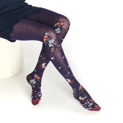 collants femme Boiserie Fil de Jour floral oiseaux bleu nuit