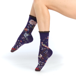 chaussettes femme Boiserie Fil de Jour floral oiseaux violet pétrole