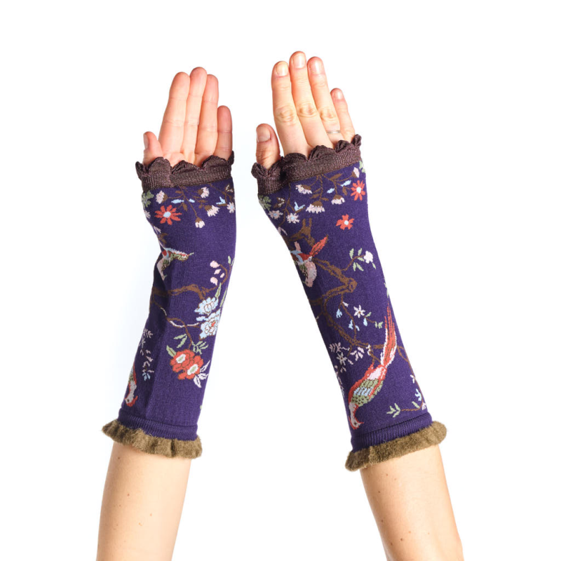 mitaines femme Boiserie Fil de Jour floral oiseaux violet pétrole