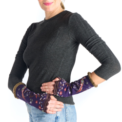 mitaines femme Boiserie Fil de Jour floral oiseaux violet pétrole