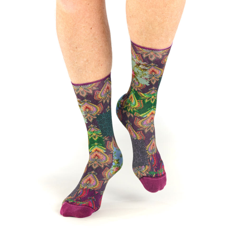 chaussettes bambou Radha Dub & Drino floral baroque prune vert