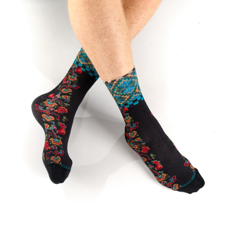 chaussettes bambou Yule Dub & Drino floral baroque noir turquoise