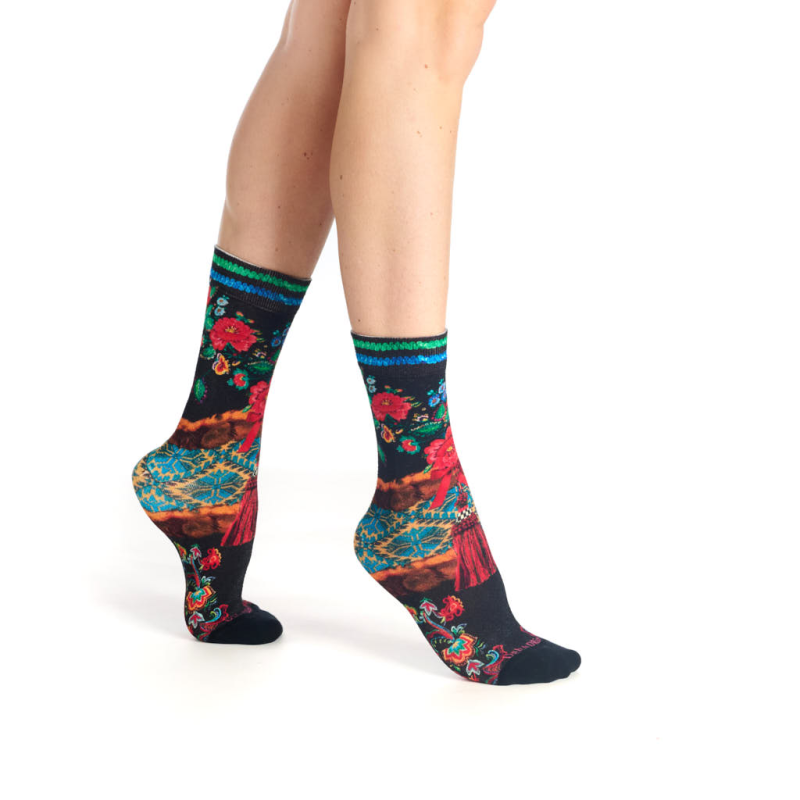 chaussettes imprimées Yule Dub & Drino floral flocons noir rouge