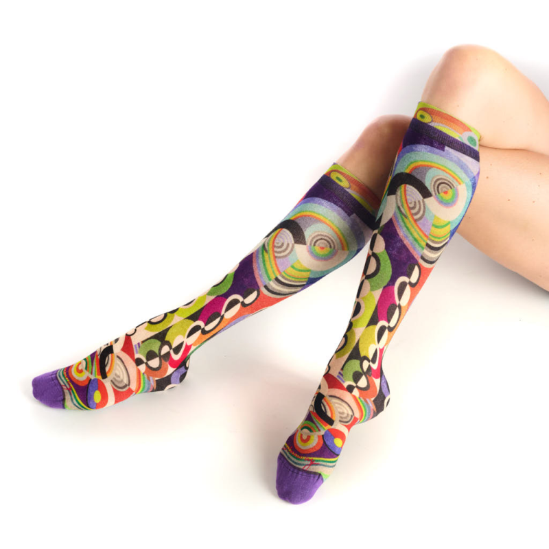mi-bas Infini Ruban Rouge femme cercles multicolores motif Delaunay bambou