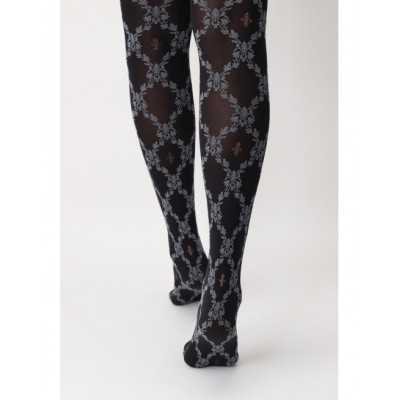 collant noir avec fleur de lys et motif feuilles