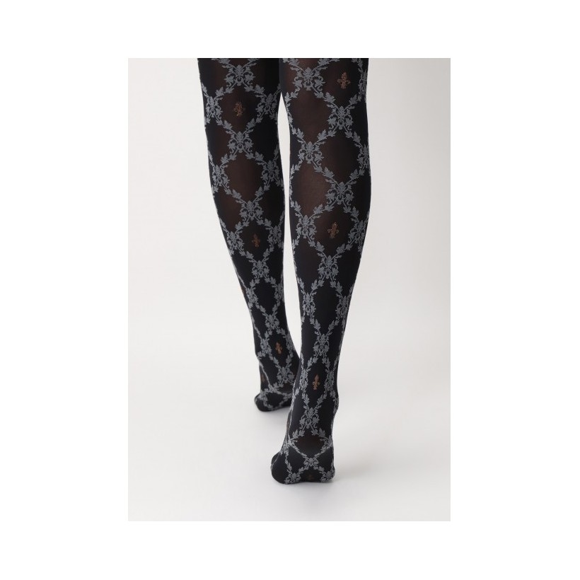 collant noir avec fleur de lys et motif feuilles