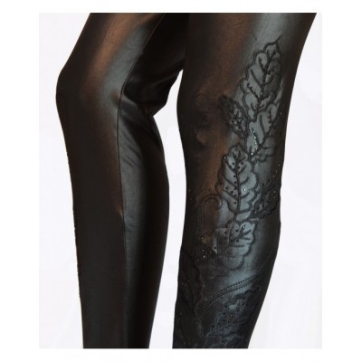 Leggings long brodé noir brillant femme